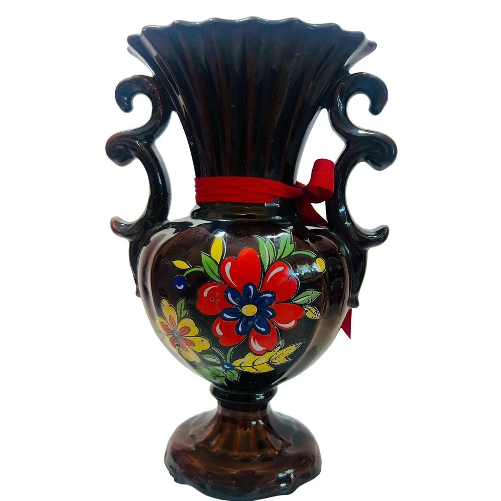Vtg Ornate Ceramic Vase Made in Norleans‎ Italy Colorful Brown Artisan READ